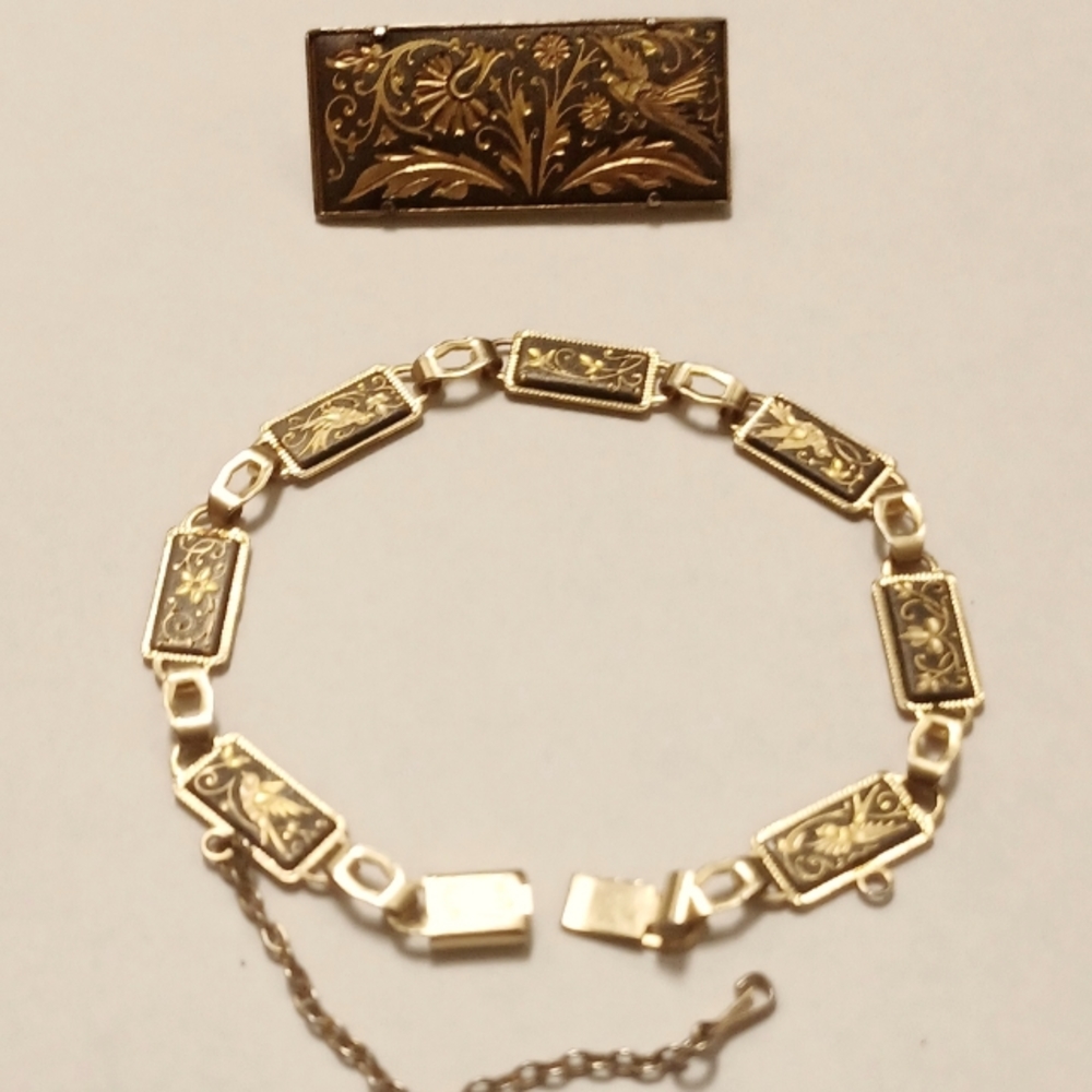 Vintage Damascene Style Link Bracelet & Pin  Birds, Flowers Gold Black Tone 8"